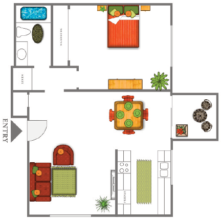 Floor plan for 1 bed, 1 bath, 741 sqft